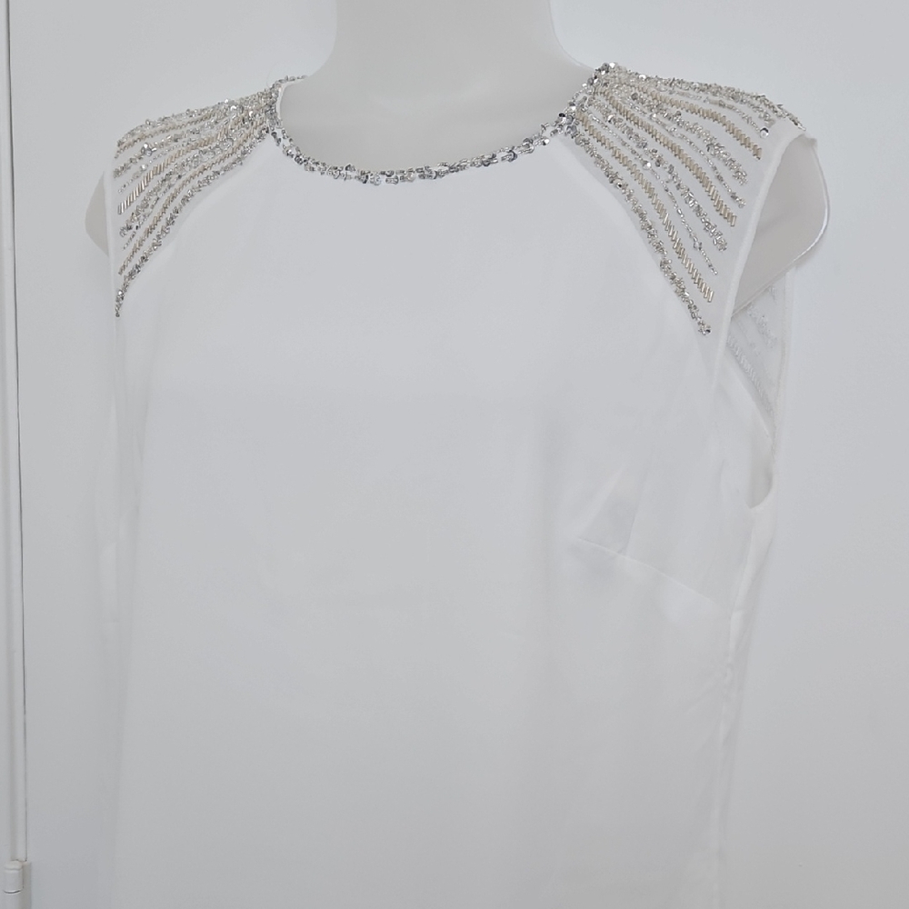 NWT White House Black Market Ecru Blouse with Silver Bead Shoulder Accents